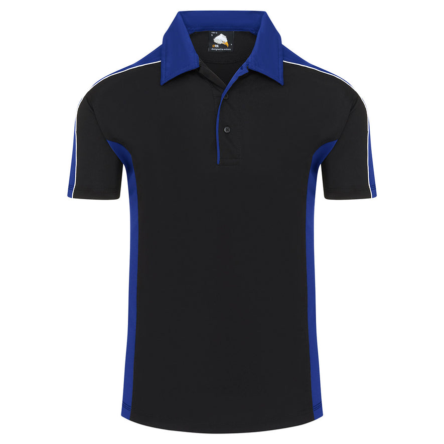 Orn Workwear Avocet Wicking Poloshirt with button up collar in black with royal blue contrast on the collar, arms and sides of the shirt, with white piping.