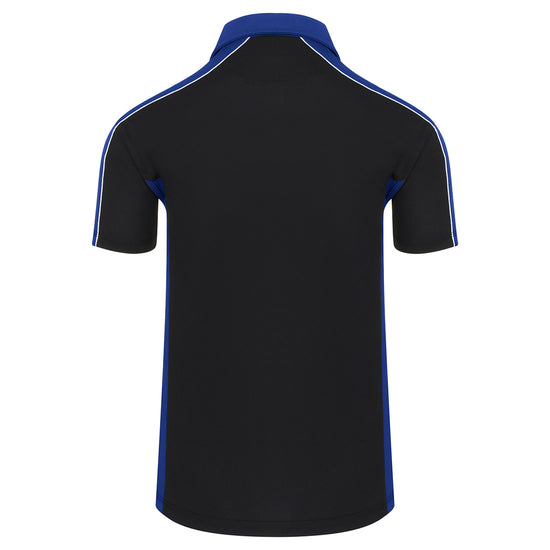 Back of Orn Workwear Avocet Wicking Poloshirt with button up collar in black with royal blue contrast on the collar, arms and sides of the shirt, with white piping.