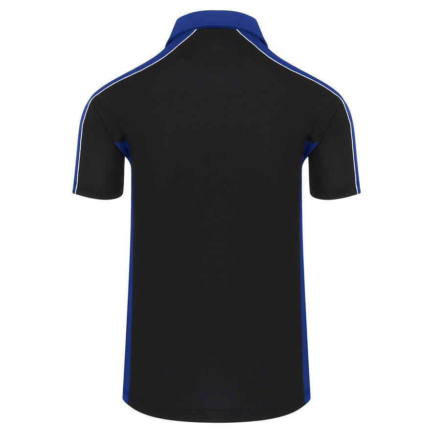 Back of Orn Workwear Avocet Wicking Poloshirt with button up collar in black with royal blue contrast on the collar, arms and sides of the shirt, with white piping.