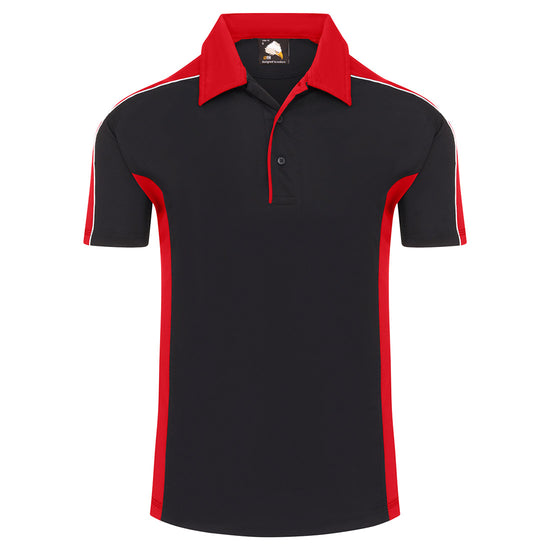 Orn Workwear Avocet Wicking Poloshirt with button up collar in navy with red contrast on the collar, arms and sides of the shirt, with white piping.