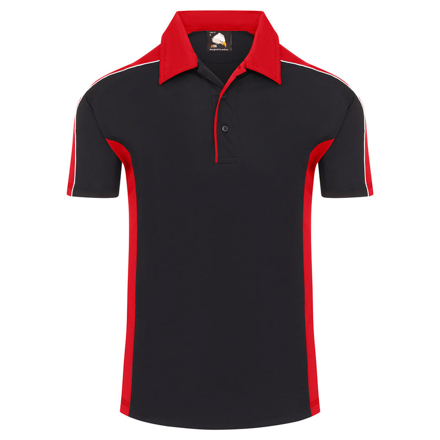 Orn Workwear Avocet Wicking Poloshirt with button up collar in navy with red contrast on the collar, arms and sides of the shirt, with white piping.