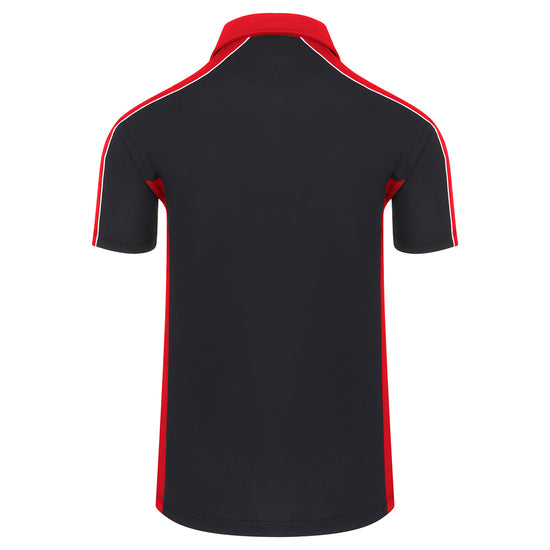 Back of Orn Workwear Avocet Wicking Poloshirt with button up collar in navy with red contrast on the collar, arms and sides of the shirt, with white piping.