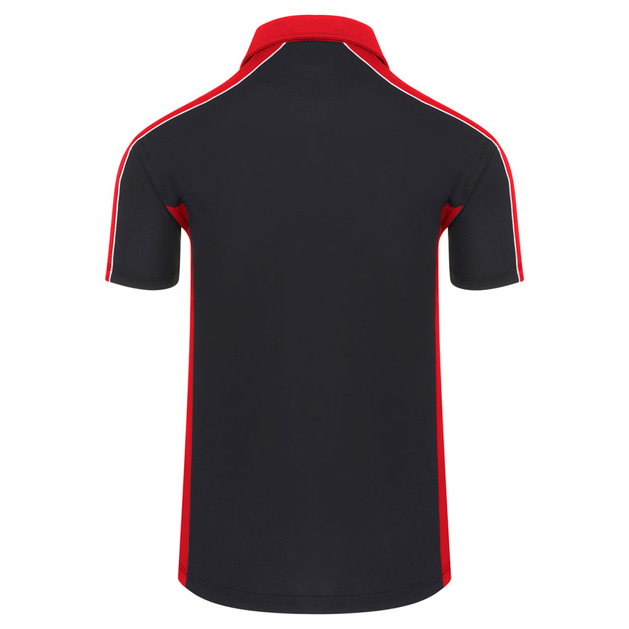 Back of Orn Workwear Avocet Wicking Poloshirt with button up collar in navy with red contrast on the collar, arms and sides of the shirt, with white piping.