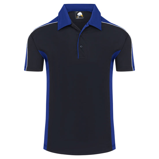 Orn Workwear Avocet Wicking Poloshirt with button up collar in navy with royal blue contrast on the collar, arms and sides of the shirt, with white piping.