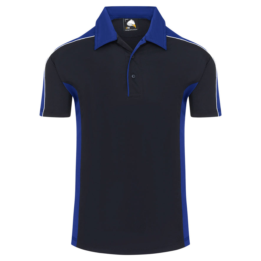 Orn Workwear Avocet Wicking Poloshirt with button up collar in navy with royal blue contrast on the collar, arms and sides of the shirt, with white piping.