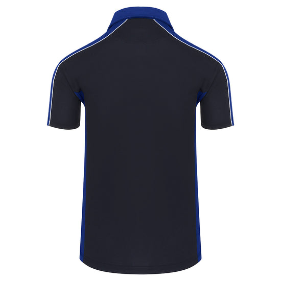 Back of Orn Workwear Avocet Wicking Poloshirt with button up collar in navy with royal blue contrast on the collar, arms and sides of the shirt, with white piping.