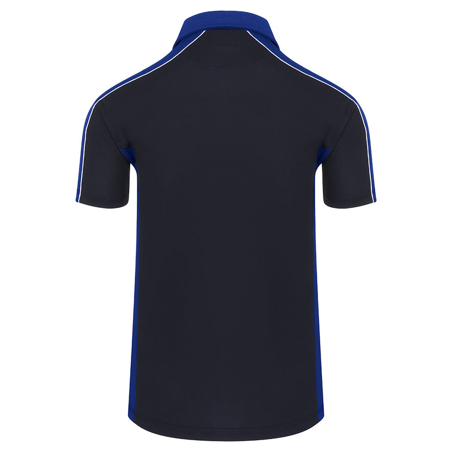 Back of Orn Workwear Avocet Wicking Poloshirt with button up collar in navy with royal blue contrast on the collar, arms and sides of the shirt, with white piping.