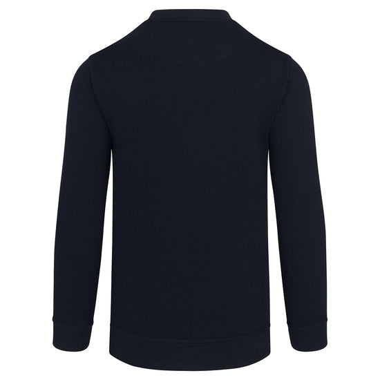 Back of Orn Workwear Seagull 100% Cotton Sweatshirt with round neck collar in navy.