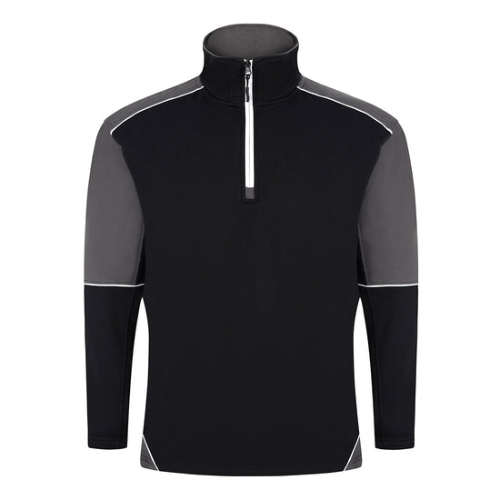 ORN Workwear Fireback 1/4 Zip Sweatshirt in black with a zip neck close, graphite grey contrast on the arms and lower of the sweatshirt with white stitching for contrast through out.