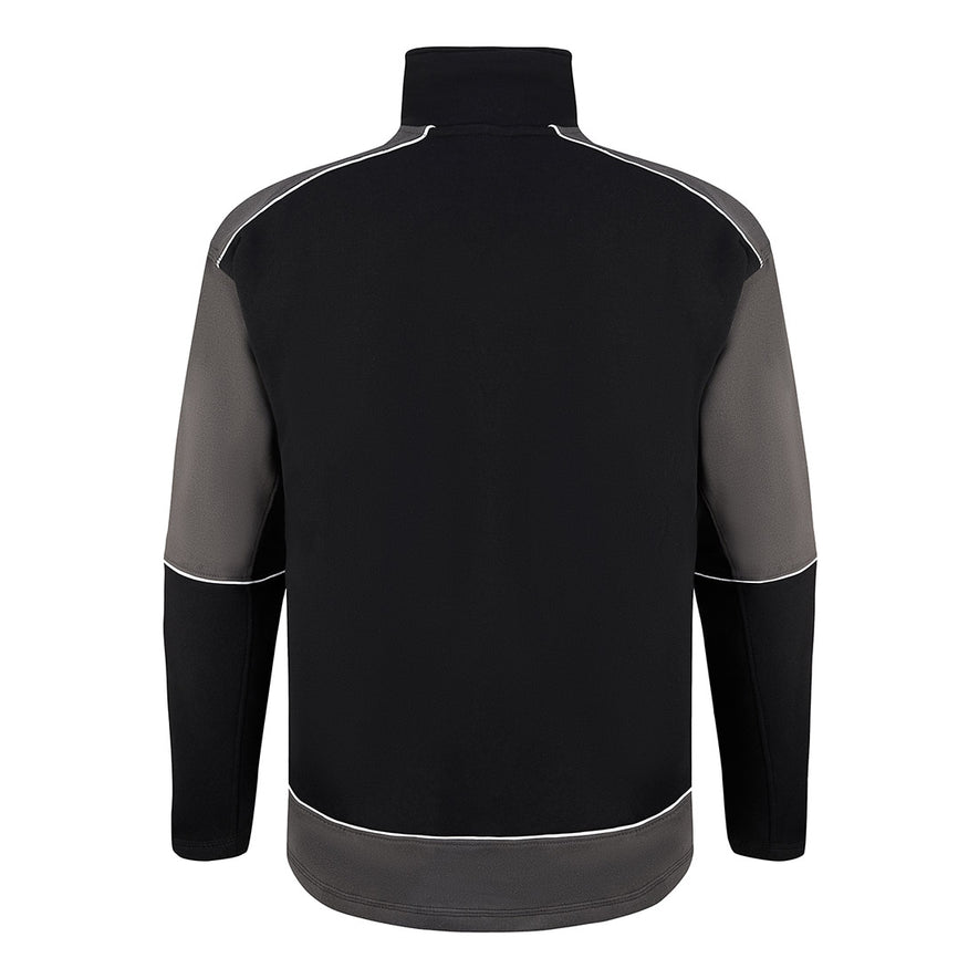 Back of ORN Workwear Fireback 1/4 Zip Sweatshirt in black with graphite grey contrast on the arms and lower of the sweatshirt with white stitching for contrast through out.