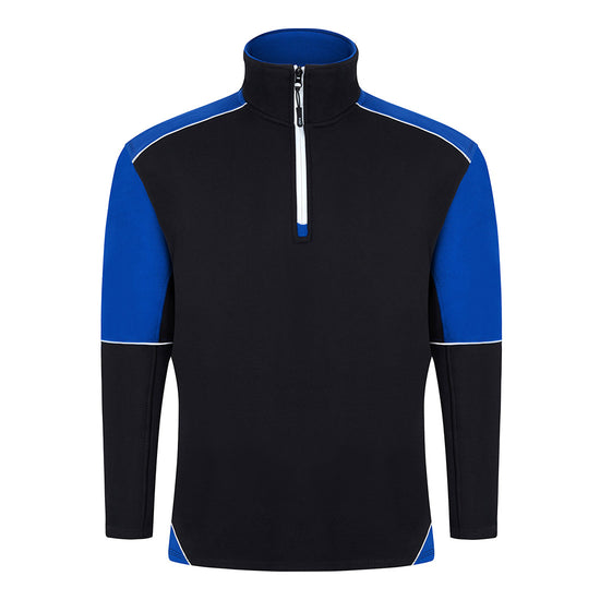 ORN Workwear Fireback 1/4 Zip Sweatshirt in black with a zip neck close, royal blue contrast on the arms and lower of the sweatshirt with white stitching for contrast through out.