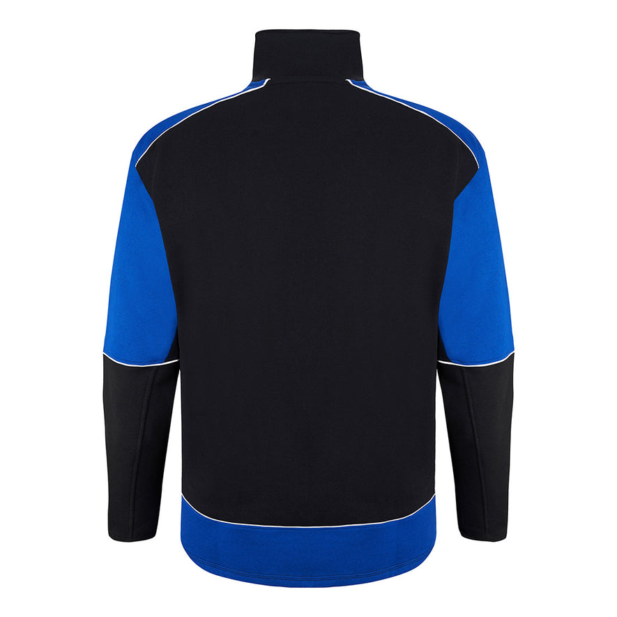 Back of ORN Workwear Fireback 1/4 Zip Sweatshirt in black with a zip neck close, royal blue contrast on the arms and lower of the sweatshirt with white stitching for contrast through out.