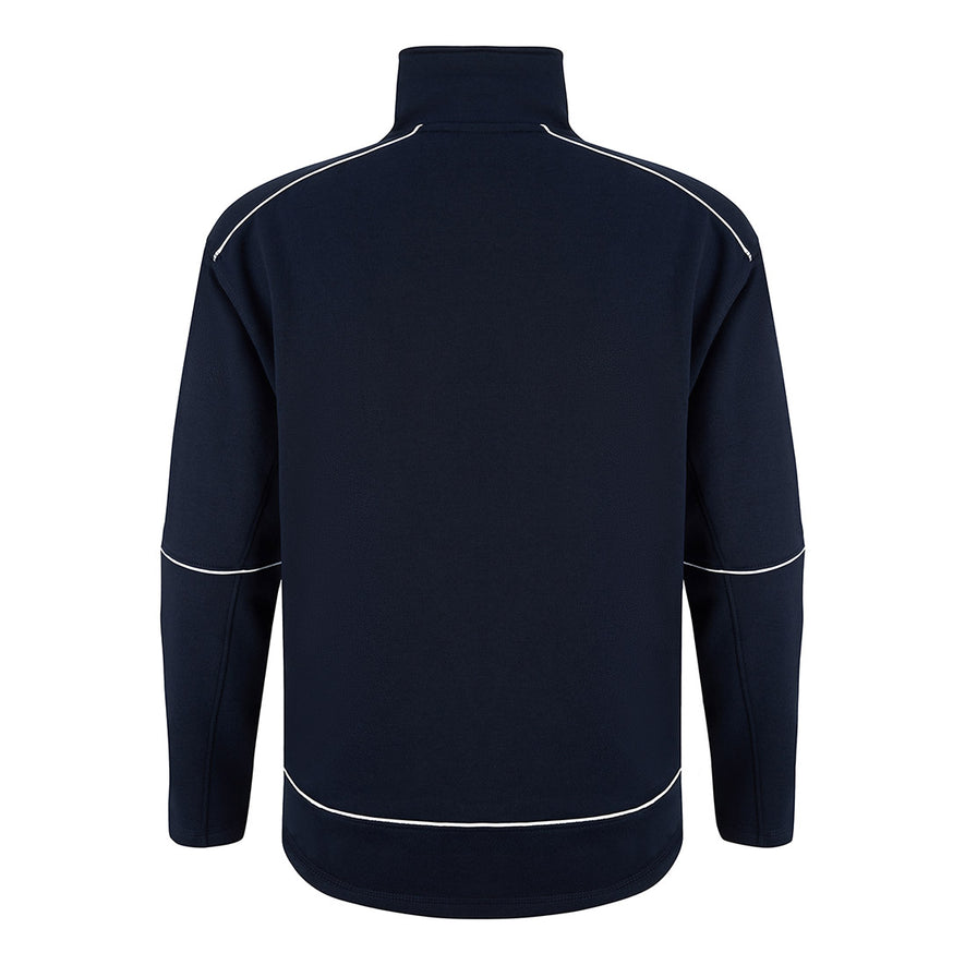 Back of ORN Workwear Fireback 1/4 Zip Sweatshirt in Navy withwhite stitching for contrast through out.