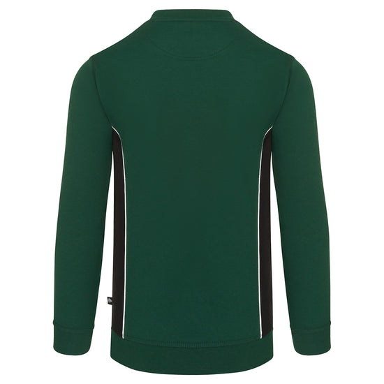 Back of ORN Workwear Silverswift Sweatshirt in bottle green with black contrast on the sides and white stitching for contrast through out.