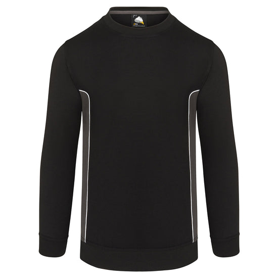 ORN Workwear Silverswift round neck Sweatshirt in black with graphite grey contrast on the sides and white stitching for contrast through out.