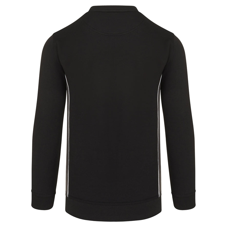 Back of ORN Workwear Silverswift Sweatshirt in black with graphite grey contrast on the sides and white stitching for contrast through out.