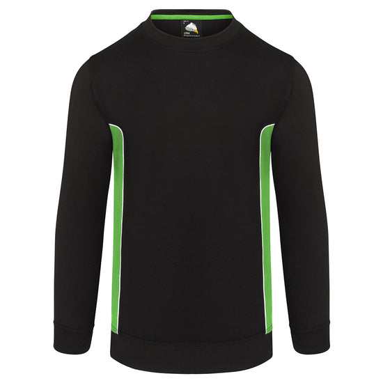 ORN Workwear Silverswift round neck Sweatshirt in black with lime green contrast on the sides and white stitching for contrast through out.