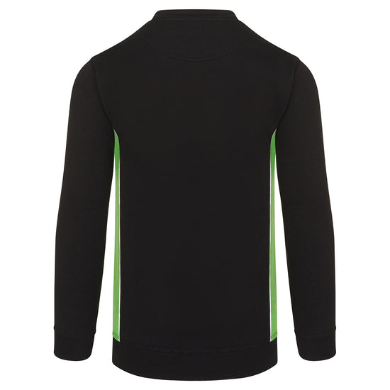 Back of ORN Workwear Silverswift Sweatshirt in black with lime green contrast on the sides and white stitching for contrast through out.