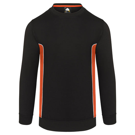 ORN Workwear Silverswift round neck Sweatshirt in black with orange contrast on the sides and white stitching for contrast through out.