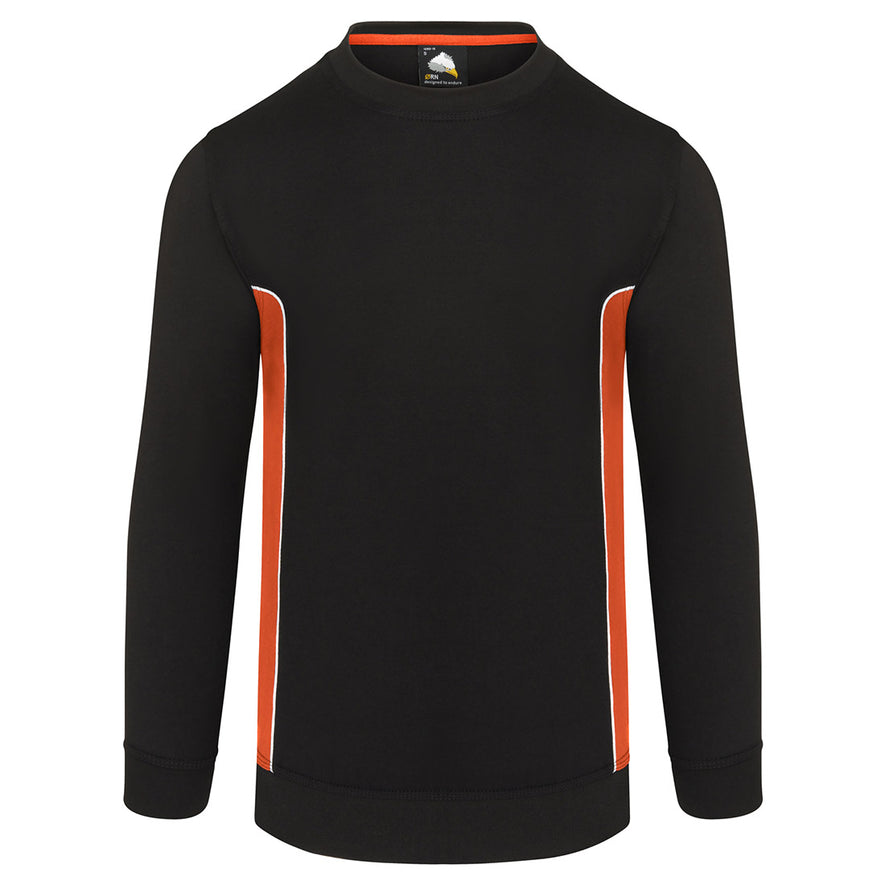 ORN Workwear Silverswift round neck Sweatshirt in black with orange contrast on the sides and white stitching for contrast through out.