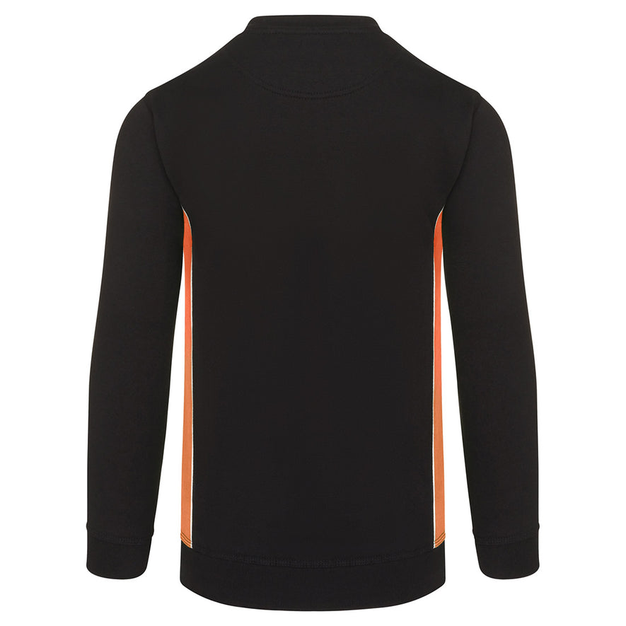 Back of ORN Workwear Silverswift Sweatshirt in black with orange contrast on the sides and white stitching for contrast through out.