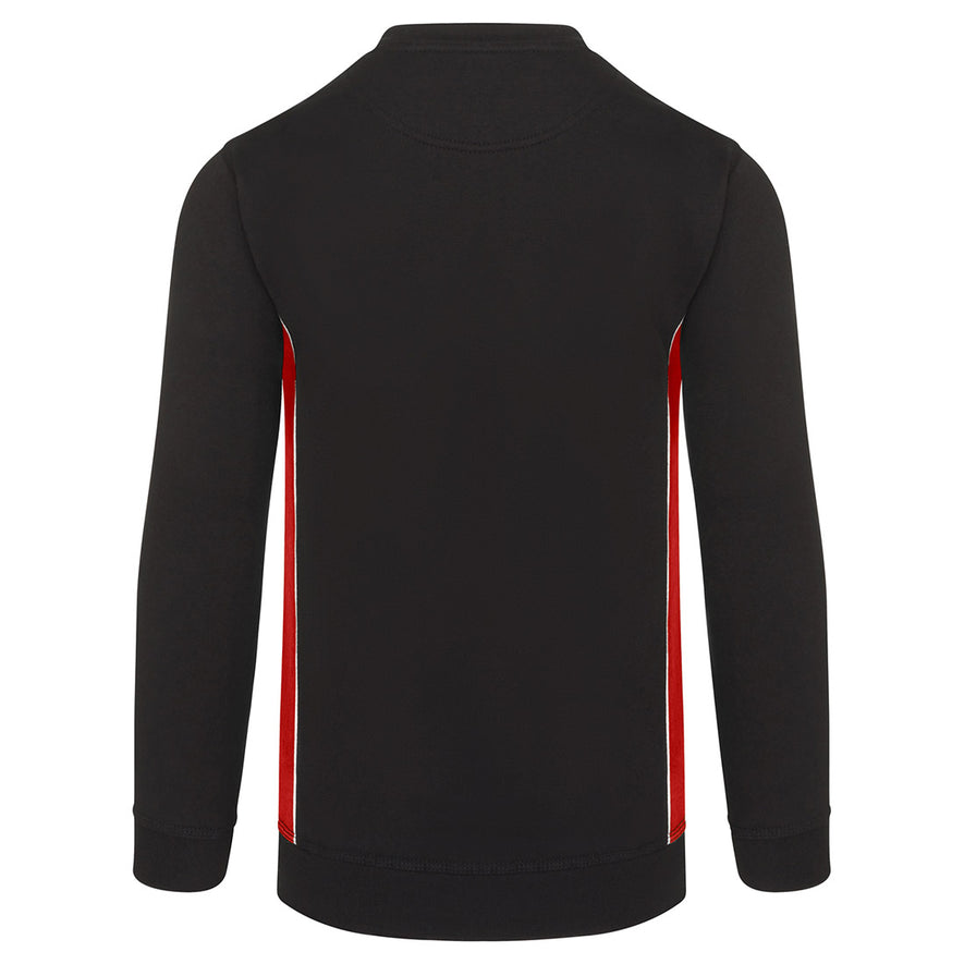 Back of ORN Workwear Silverswift Sweatshirt in black with red contrast on the sides and white stitching for contrast through out.