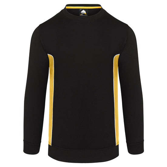 ORN Workwear Silverswift round neck Sweatshirt in black with yellow contrast on the sides and white stitching for contrast through out.