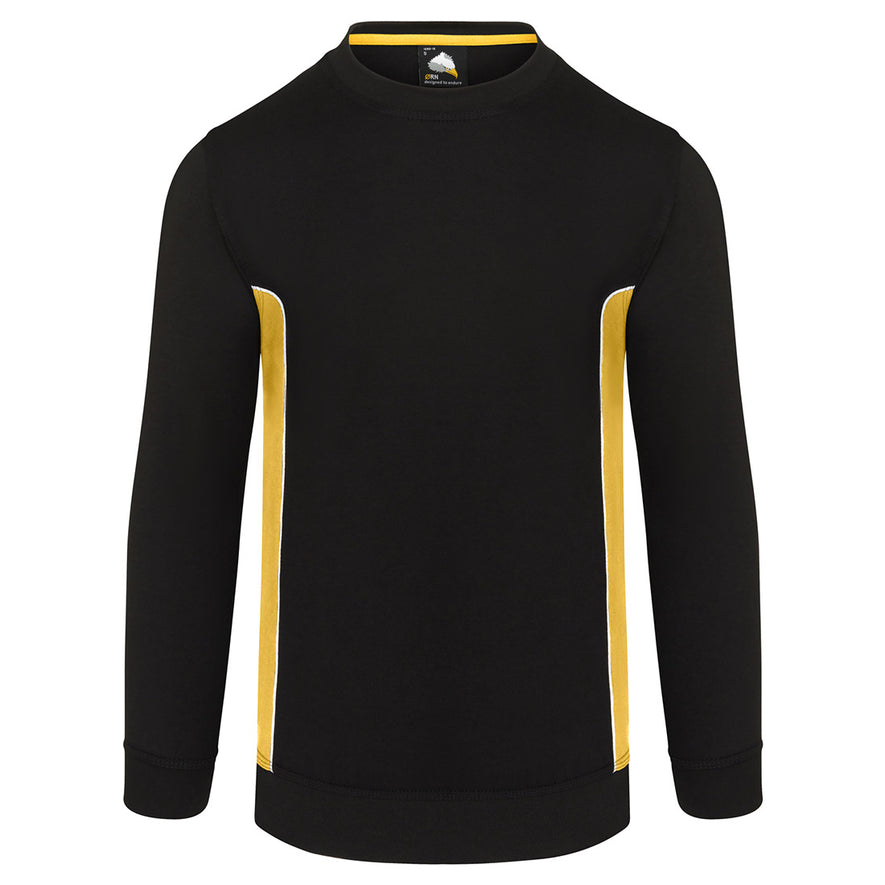 ORN Workwear Silverswift round neck Sweatshirt in black with yellow contrast on the sides and white stitching for contrast through out.