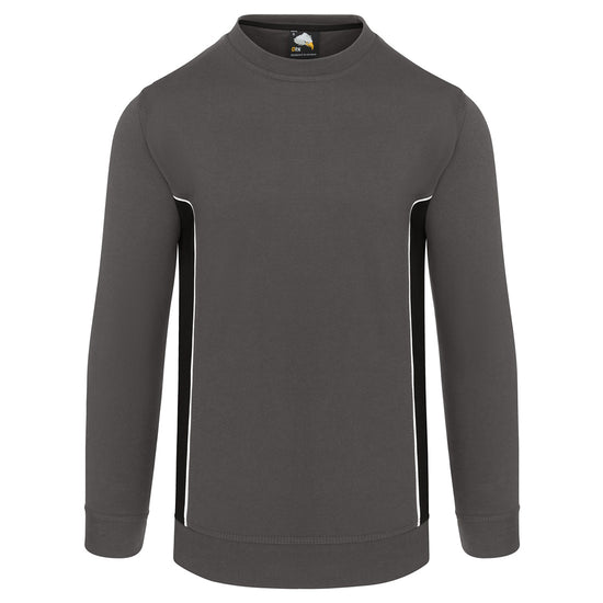 ORN Workwear Silverswift round neck Sweatshirt in graphite grey with black contrast on the sides and white stitching for contrast through out.