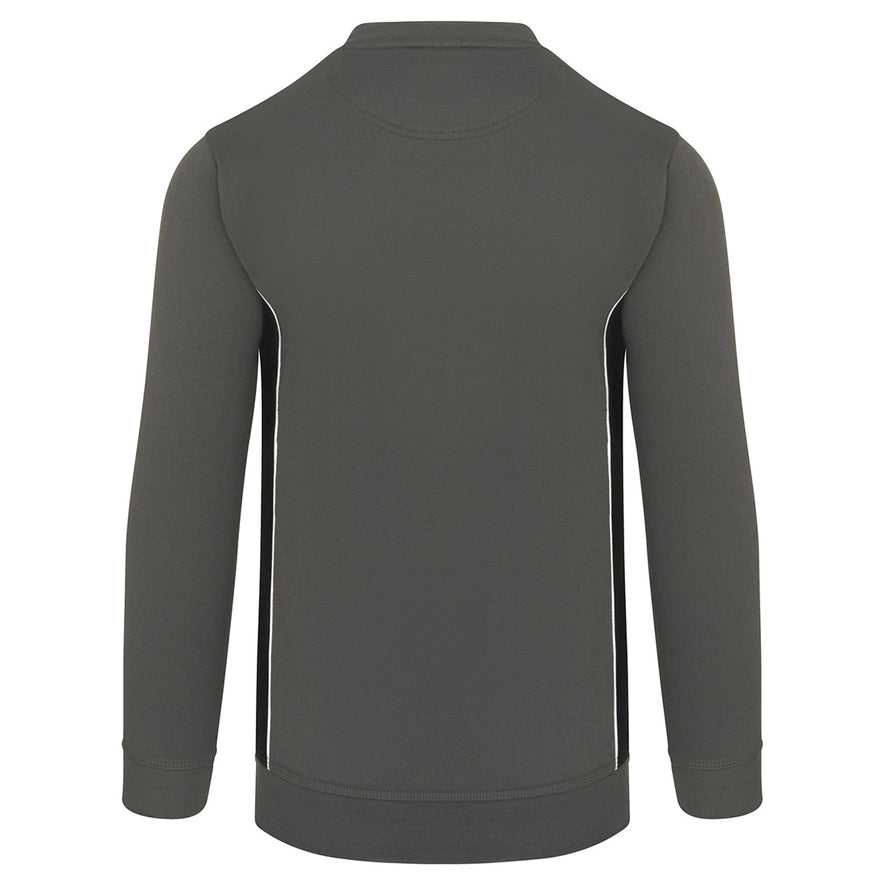 Back of ORN Workwear Silverswift Sweatshirt in graphite grey with black contrast on the sides and white stitching for contrast through out.