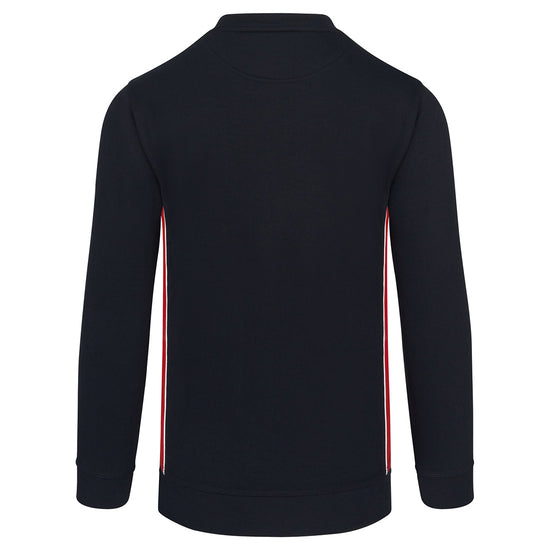 Back of ORN Workwear Silverswift Sweatshirt in navy with red contrast on the sides and white stitching for contrast through out.