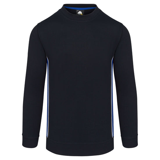 ORN Workwear Silverswift round neck Sweatshirt in navy with royal blue contrast on the sides and white stitching for contrast through out.