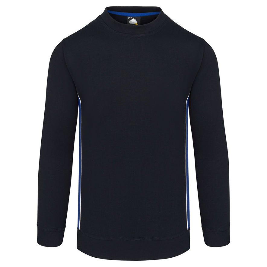 ORN Workwear Silverswift round neck Sweatshirt in navy with royal blue contrast on the sides and white stitching for contrast through out.