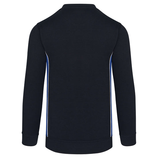 Back of ORN Workwear Silverswift Sweatshirt in navy with royal blue contrast on the sides and white stitching for contrast through out.