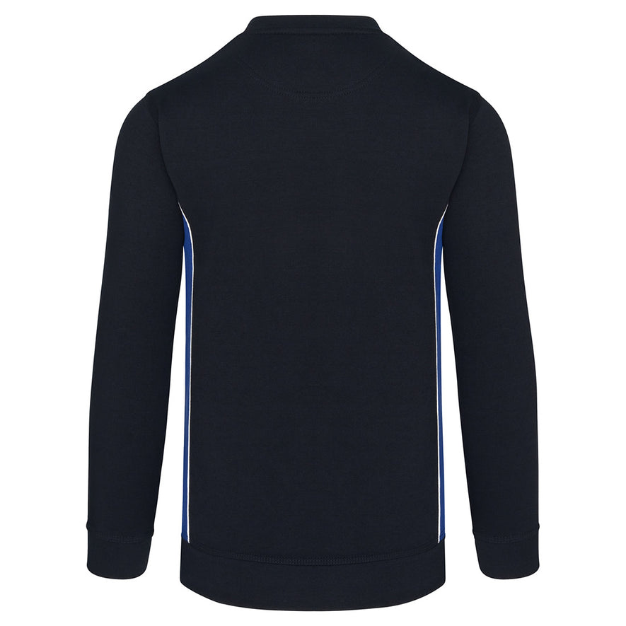 Back of ORN Workwear Silverswift Sweatshirt in navy with royal blue contrast on the sides and white stitching for contrast through out.