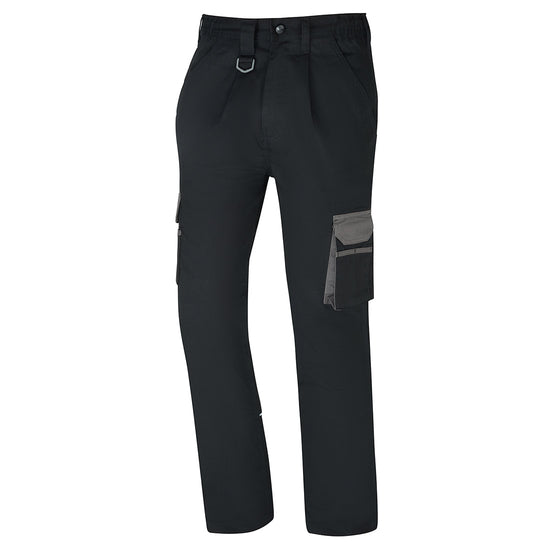 Orn Workwear Silverswift Combat Trouser in black with button fasten, d loop ring, belt loops and cargo style pockets which have graphite grey contrast around them.