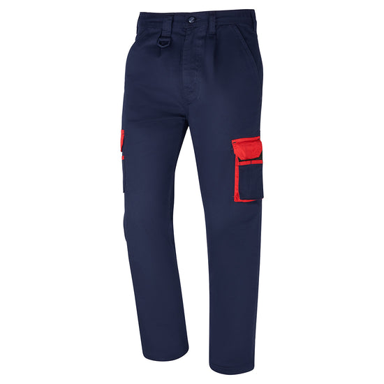 Orn Workwear Silverswift Combat Trouser in navy with button fasten, d loop ring, belt loops and cargo style pockets which have graphite red contrast around them.