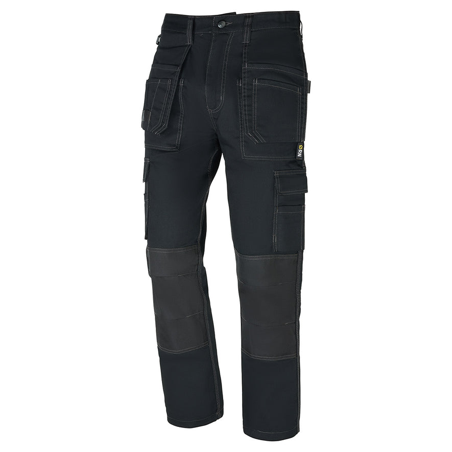 Orn Workwear Merlin Tradesman Trouser in black with button fasten, d loop ring, belt loops and cargo style pockets and kneepad pockets.