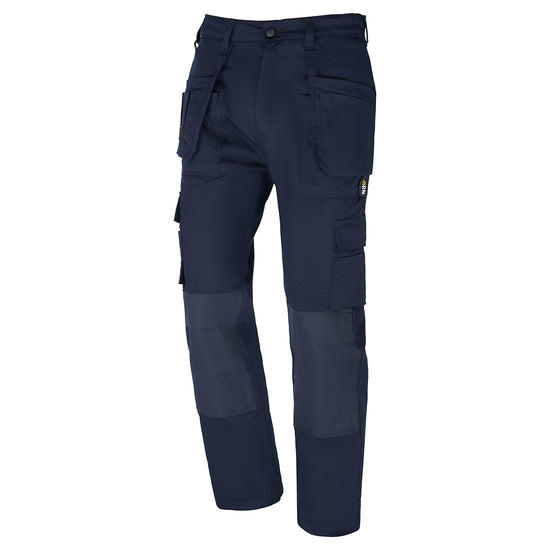 Orn Workwear Merlin Tradesman Trouser in navy with button fasten, d loop ring, belt loops and cargo style pockets and kneepad pockets.