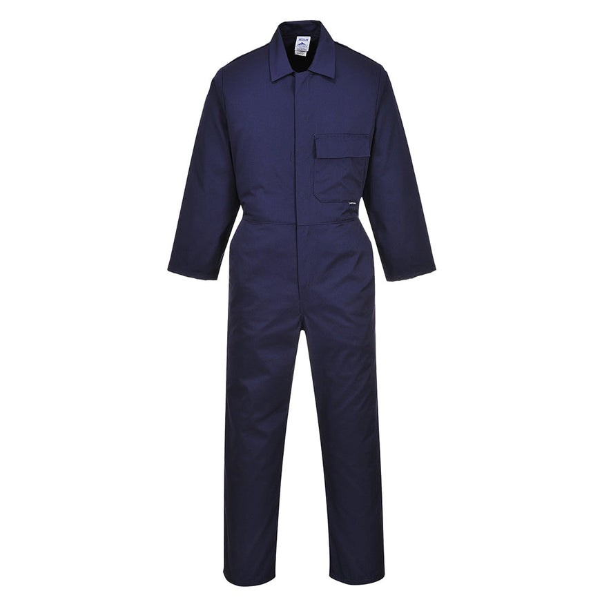 Navy Portwest Standard Coverall. Coverall has middle fasten, Side pockets and chest pocket.