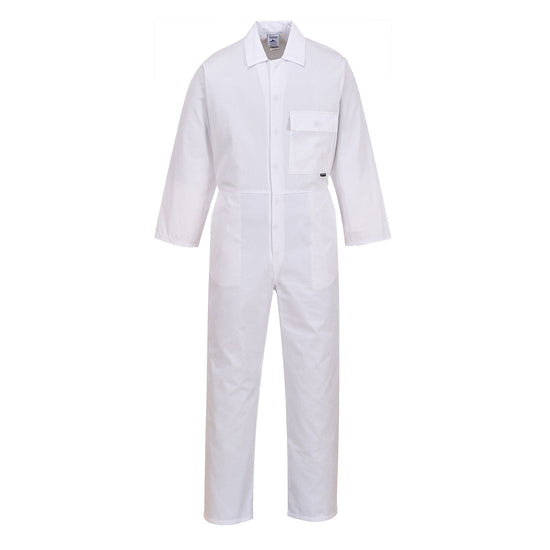 White Portwest Standard Coverall. Coverall has middle fasten, Side pockets and chest pocket.