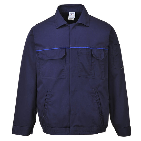 Navy classic work jacket with blue line running though the chest. Jacket has side and chest pockets.