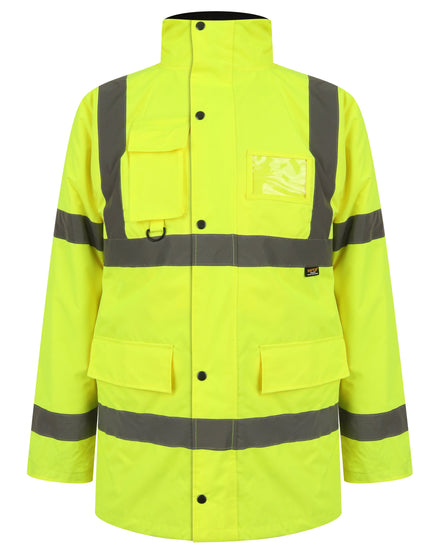 Yellow Hi vis Traffic jacket with two waist bands and shoulder bands. Pop button fasten with a id holder and waist pockets.