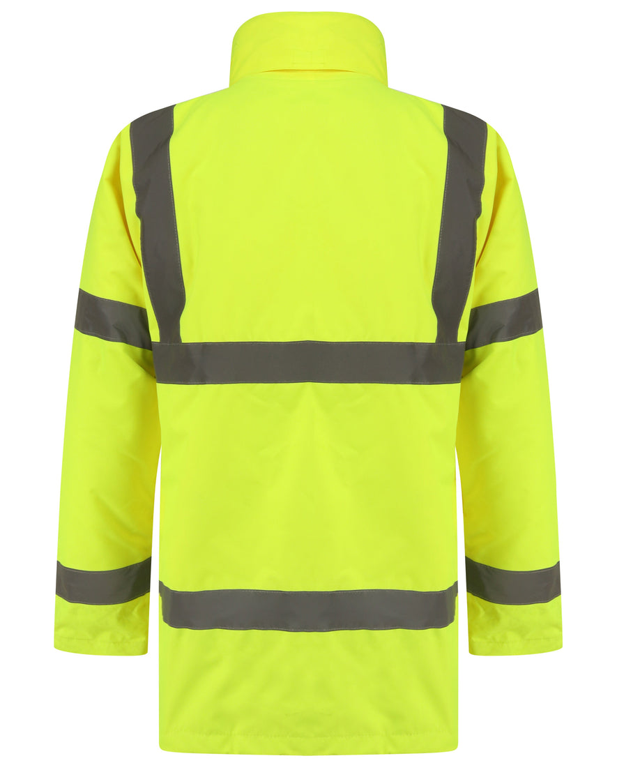 Yellow Hi vis Traffic jacket with two waist bands and shoulder bands. Pop button fasten with a id holder and waist pockets.