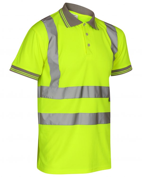 Yellow Hi vis polo shirt short sleeve with grey accents on the collar and wrist cuff. Polo Shirts have two hi vis waist bands and hi vis shoulder bands.