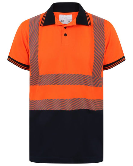 Orange Hi vis polo shirt short sleeve with navy accents on the collar, Bottom of the shirt and wrist cuff. Polo Shirts have two hi vis waist bands which are heat seal and hi vis shoulder bands.