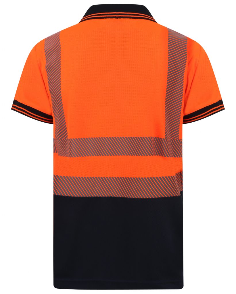 Orange Hi vis polo shirt short sleeve with navy accents on the collar, Bottom of the shirt and wrist cuff. Polo Shirts have two hi vis waist bands which are heat seal and hi vis shoulder bands.