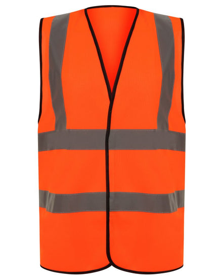 Orange Hi vis vest with two waist bands and shoulder bands. Velcro fasten.