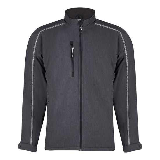 Orn Workwear ORN Crane Softshell in charcoal melange and black with zip fasten, a right chest pocket, two front pockets and grey stitching for contrast.