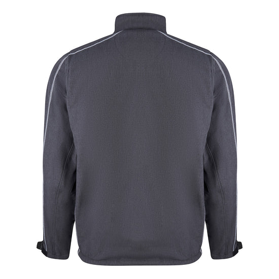 Back of Orn Workwear ORN Crane Softshell in charcoal melange and black with grey stitching for contrast.